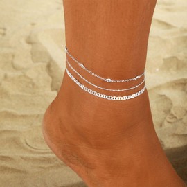 VIROMY Silver Ankle Bracelets for Women Waterproof,Danity Satellite CZ Anklets Set for Women Beach Gift