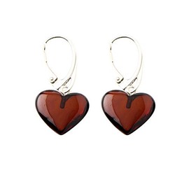 AmberJewelry Amber Heart Earrings - Dangle Baltic Amber And Sterling Silver 925 Earrings (Cherry) Cherry Natural Baltic Amber Heart Drop Earrings with Silver Clasps (1.2 inches)