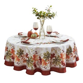 Newbridge Elements of Nature Fall Foliage Bordered Fabric Fall Thanksgiving Tablecloth, Swirling Leaves Easy Care Stain Proof, Wrinkle Resistant Tablecloth, 70 Inch Round