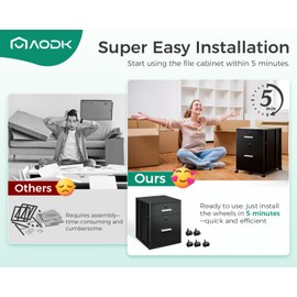 AODK File Cabinet for Home Office, Fully Assembled Filing Cabinet with Lock, 2 Drawer Office File Cabinet, Rolling File Cabinet for A4/Letter File, Small Cabinet with Desk Drawer, Black