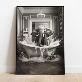 JUHMI Bathroom Decorative Pictures, Bathtub Animals Wall Decoration, Elephant DIN A4 (21 x 29 cm), Black and White Toilet Decoration with and without Frame