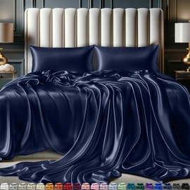 DECOLURE Satin Sheets Queen Size Bed Set 4 Pcs - Elegant Satin Bed Sheets w/ 15 inch Deep Pocket - Hypoallergenic, Double Stitching, Wrinkle Free - Silky & Luxuriously Soft Satin Bedding (Navy Blue)