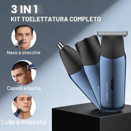 BarberBoss Rasoio elettrico da uomo 3 in 1, kit da viaggio per uomo, rasoio per barba e capelli, trimmer naso e orecchie, mini testina di rasoio, toelettatura maschile (Blu Navy Metallizzato)