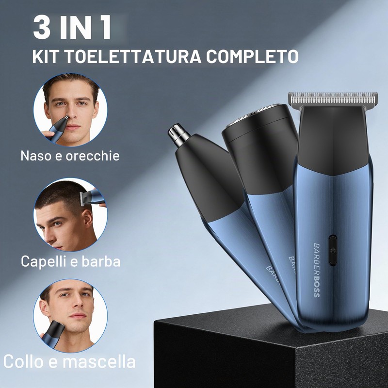 BarberBoss Rasoio elettrico da uomo 3 in 1, kit da