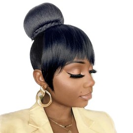 VAVANGA Hair Bun and Bang Set 2PCS, Small Size Black Synthetic Braided Bun N Bang Clip in China Bang Hair Piece Hair Bun with Bangs for Black Women(J072S-1B#)