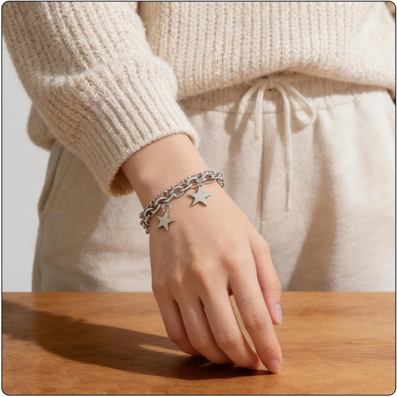 Fusamk Women’s Star Bracelet Stainless Steel Link Chain, Double Layer