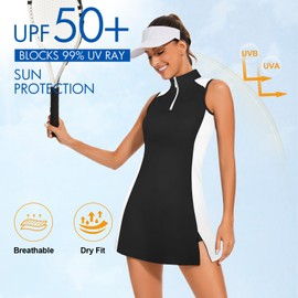 Viracy Tennis Dress for Women Side Slit Golf Dresses with Built in Shorts, Pockets Sleeveless Slimming Athletic Dress Zip Up Stand Collar Lightweight for Hiking Running, Black, Medium