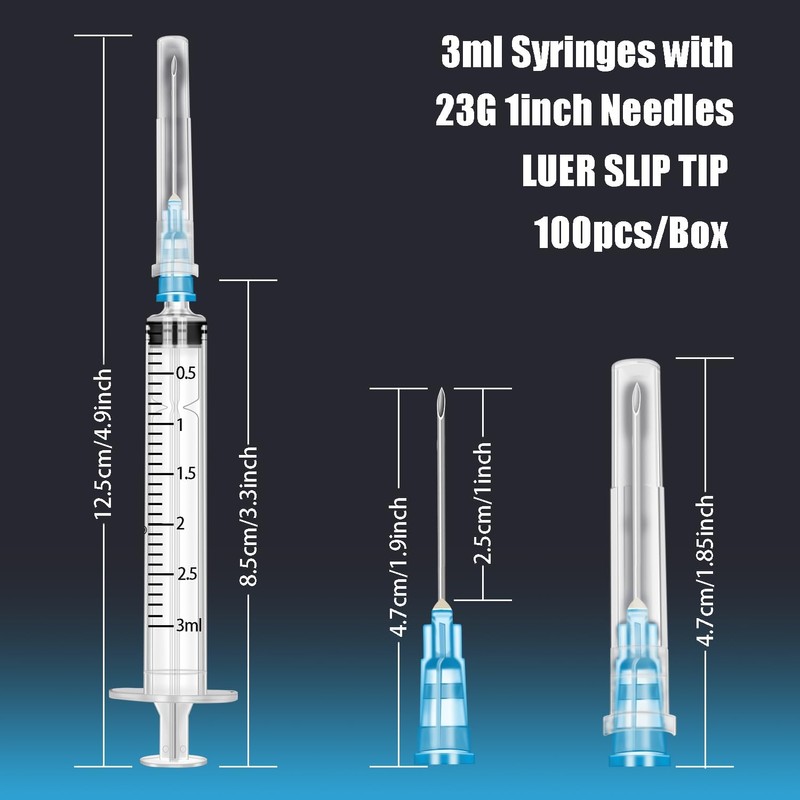 100Pack 3ml/cc with 23 G Safety Luer-Slip Individually Wrapped