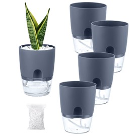 Macetas de riego automático para plantas de interior, exterior, paquete de 5 macetas de riego automático de 4 pulgadas, macetas con piedras decorativas, macetas para interiores, color gris