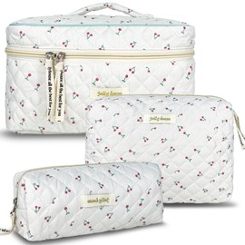 TOPALL Makeup Bag,Cosmetic Bag,Floral Cotton Quilted Makeup Bag,Classic Toiletry Bag,Cosmetic Pouch,Makeup Bag for Women Girls,Cherry 3PCS(Large+Medium+Pouch)