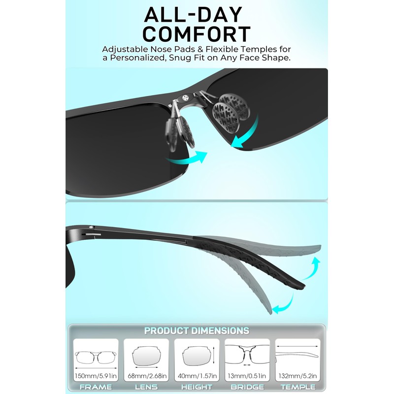 SIPLION Men's Polarized Sport Sunglasses - Ultra-Light Al-Mg Metal Frame