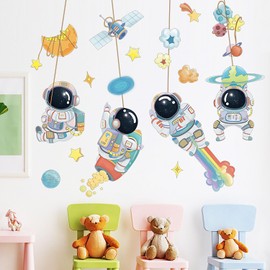 Cartoon Astronaut Wall Stickers Rocket Planet Satellite Wall Decals for Kid Boy Baby Removable Peel and Stick Wall Art Home Decoration for Classroom Preschool Living Room Bedroom