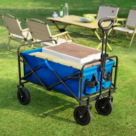 Sweetcrispy Foldable Wagon Cart, Collapsible Large Capacity Garden Beach Cart with All-Terrain Wheels, Heavy Duty Utility Grocery Wagon with Drink Holders for Shopping Sports Camping