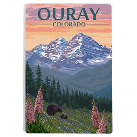 Lantern Press 12x18 Inch Metal Sign, Ouray, Colorado, Bear and Spring Flowers