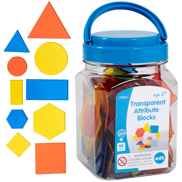 edxeducation Transparent Attribute Blocks - Mini Jar Set of 60 - Colorful, Plastic Shapes - Light Box Accessory - Sensory Play - Math Manipulative for Kids