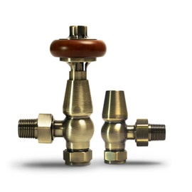 VANCOCO Traditional Angled Radiator Valves Brass Thermostatic Radiator Valve 15mm /1/2'' Cast Iron Radiator Valves Antique Radiator Valves Pair TRV Radiator Thermostat (Antique Brass)