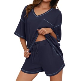 Becotal Pajama Sets for Women 2 Piece Short Matching Lounge Set Sleep Loungewear Pj Set Summer Spring Waffle Knit Short Sleeve Top and Shorts Navy S