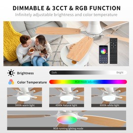 FUMLTP Ceiling fans with Lights, 54Inch RGB Low Profile Ceiling fan with Light and Remote Control, Dimmable, Reversible DC Motor, Noiseless, 6 Speeds, Flush Mount White Ceiling Fan For Livingroom