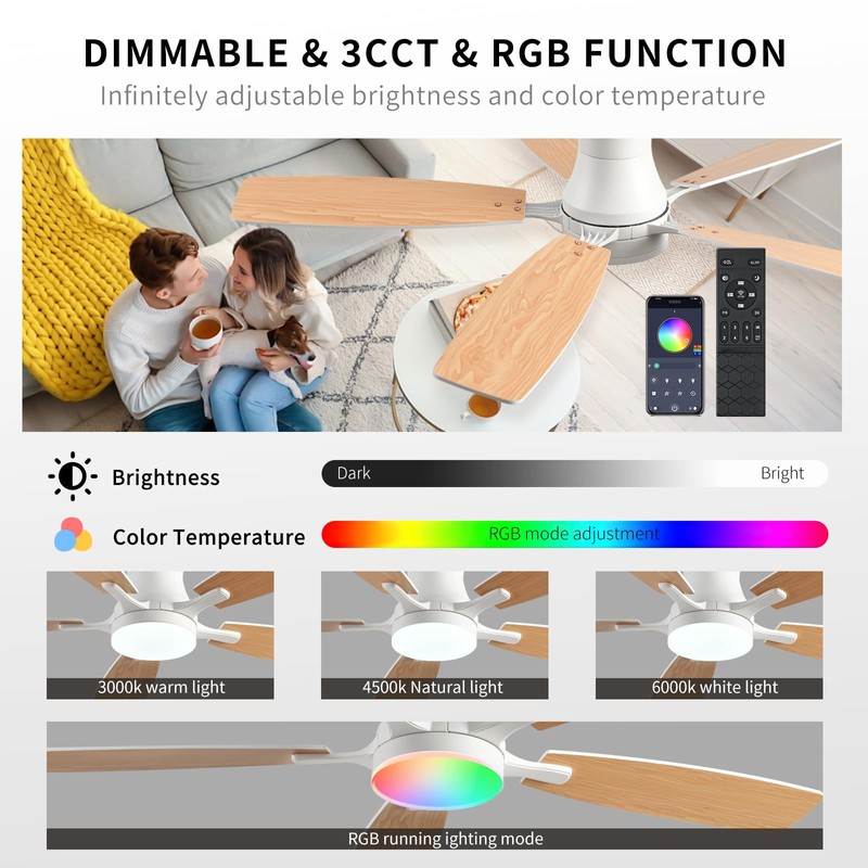 FUMLTP Ceiling fans with Lights, 54Inch RGB Low Profile Ceiling
