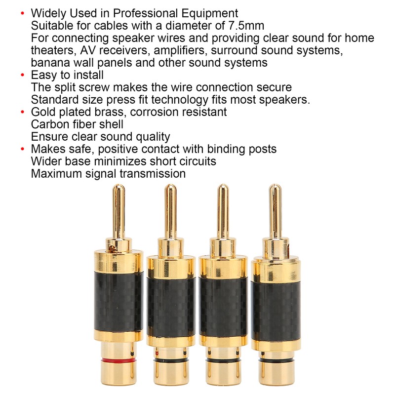 4Pcs Banana Plug Brass Gold Plated Black Carbon Fiber Shell