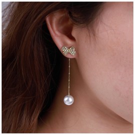 Inateannal Vintage Pearl Drop Earrings Gold Long Pearl Tassel Earrings Cz Pearl Chain Earring Sparkle Rhinestone Bow Stud Earrings Jewelry for Women and Girls