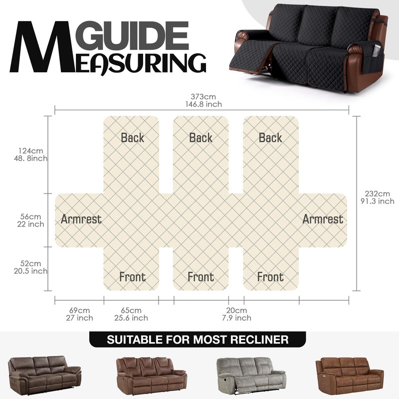 KinCam Recliner Sofa Covers for 3 Seat, 100% Waterproof Reclining