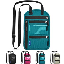 CORYIN Travel Neck Wallet Passport Holder RFID Blocking Waterproof Passport Wallet Pouch Travel Document Holder Organiser Bag with Adjustable Neck Strap for Men Women, Lake Blue