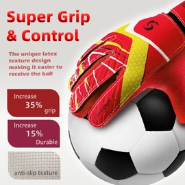 Sportout Kids Goalkeeper Gloves, Soccer Gloves with Double Wrist Protection and Non-Slip Wear Resistant Latex Material to Prevent Injuries (Red, Size 7 Suitable for 12 to 14 Years Old)