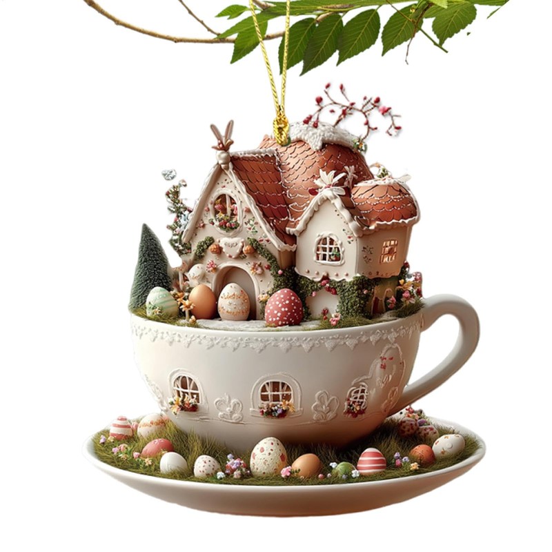 Easter Hangable Decorations, Coffee Cup House Easter Egg Cute Decorative