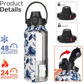 Water Bottle Insulated 32oz 40oz 64oz 128oz Straw Lid Spout Lid & 3 Lids, Leak Proof, Vacuum Insulated,Stainless Steel Water Bottle Wide Mouth for Sports, Gym or Office (Ceramics, 40 oz)