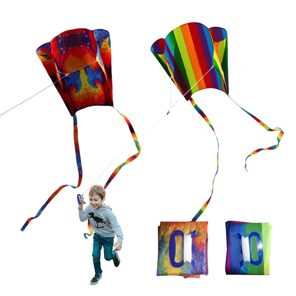 TSHAOUN 2 Pieces Kite For Children, Rainbow Kite Colorful Pocket Kite with Long Tail, Easy Flyer Kite, Beach Game Outdoor Activities for Beginner, Kids and Adult, Gift to Boys Girls (Colorful)
