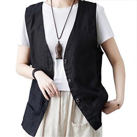 Ailiyumo Women's Vest, Cotton Linen Vest, V-Neck, Spring/Summer, Cardigan, Sleeveless, Thin, Gilet Vest, Solid, Casual, Black