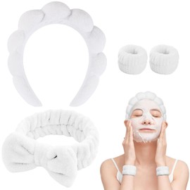 Bighan Spa Makeup Headband Set, Headband Skincare Headband for Woman, Face Wash Wristband and Bowknot Hair Band, Facial Wrist Towel Washbands for Women Girls, White