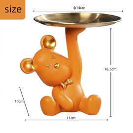Jaugufiy Escultura de oso de dibujos animados de resina con bandeja de metal, bandeja de almacenamiento de cifras de animales, bandeja de llaves, artículos diversos para decoración del hogar, regalo (naranja)
