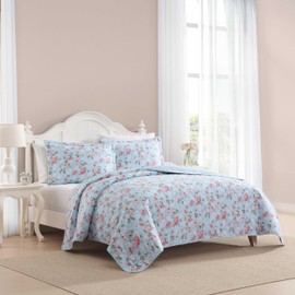Laura Ashley - Full/Queen Quilt Set, Super Soft Cotton Bedding with Matching Shams, Envelope Closure, Floral Printed Design (Blissful Blue, Full/Queen)