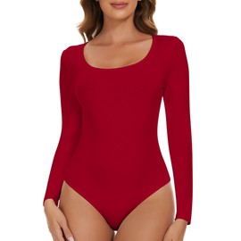 SHAPERIN Women's Bodysuit, Sleeveless/Long Sleeve Crew Neck Bodies, String Body, Women's Bodysuit, Sleeveless/Long Sleeve Bodysuits, Top, Ribbed Top, Round Neck, Red 1#