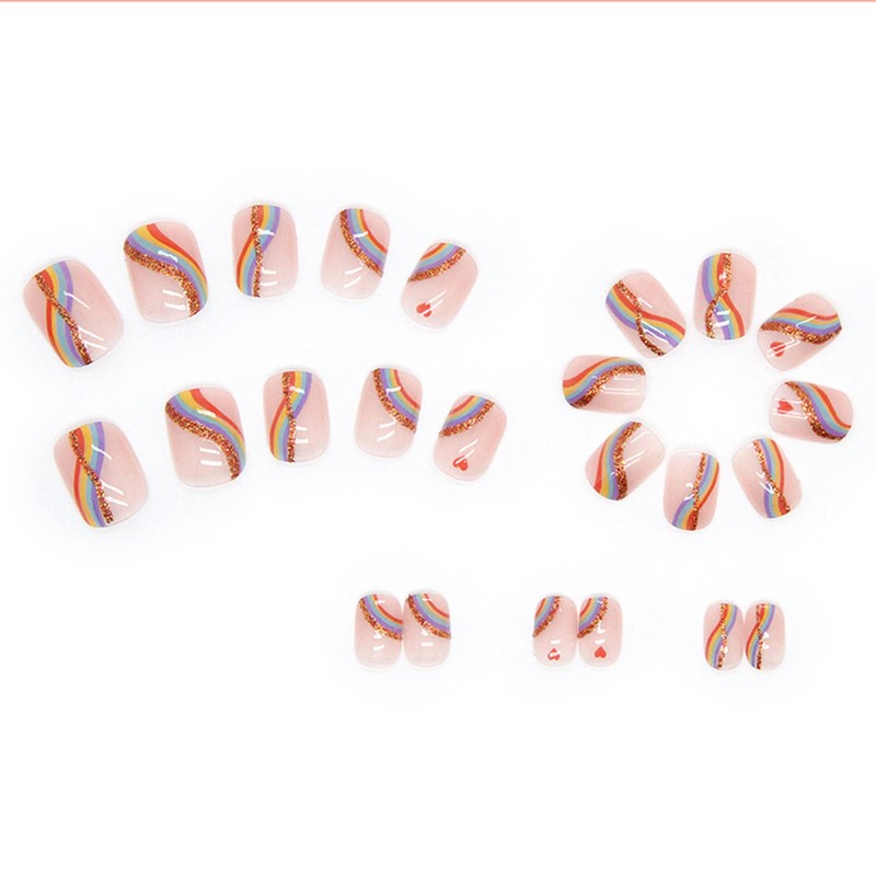 JUSTOTRY 24 Pcs Square False Nails Short, Rainbow Swirl Press
