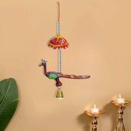 Handcrafted Wooden Peacock Door Hanging with Bell – 12 Inch Decorative Umbrella Design Wall & Home Decor Piece