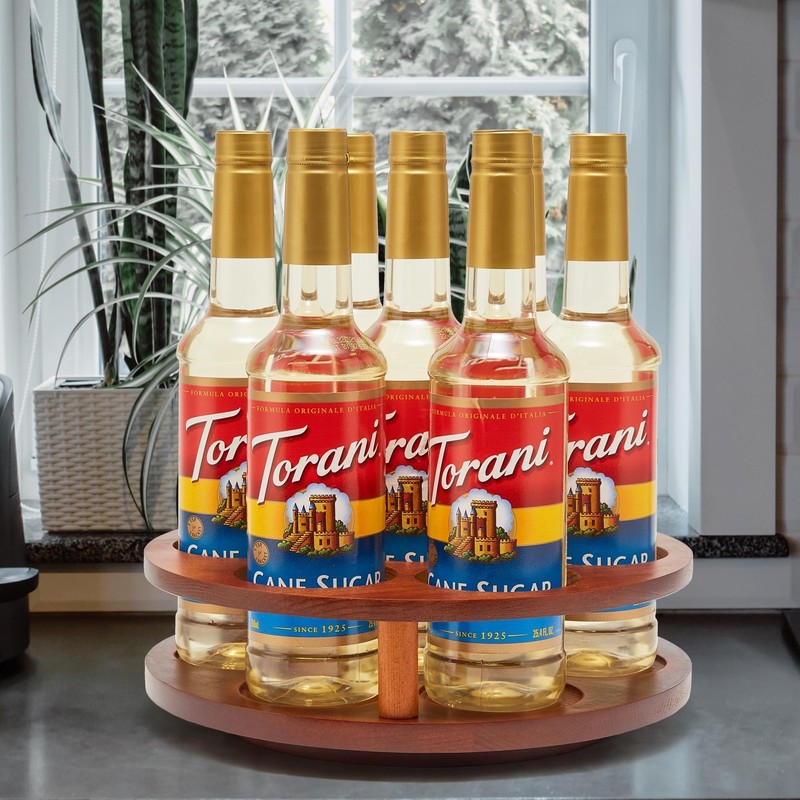 Wood Rotating Coffee Syrup Organizer, 7 Bottles Coffee Syrup Rack,