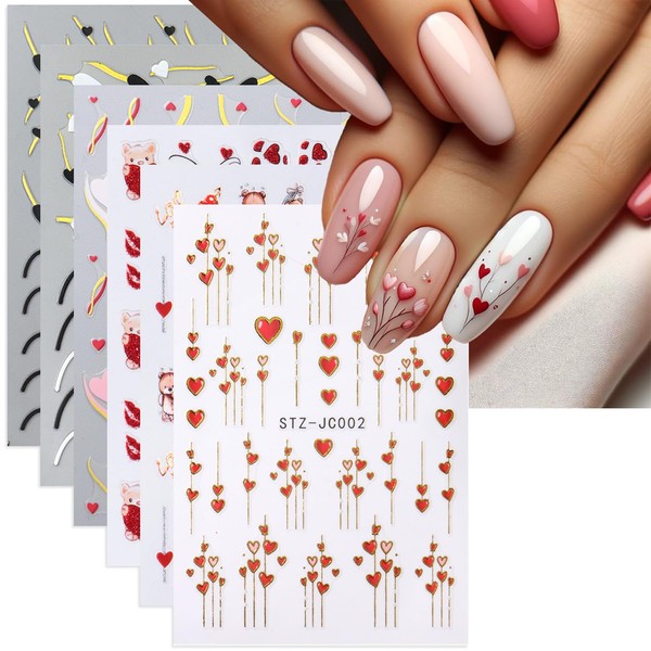 6 Sheet Valentine's Day Nail Art Stickers Decals,3D Self-Adhesive Design