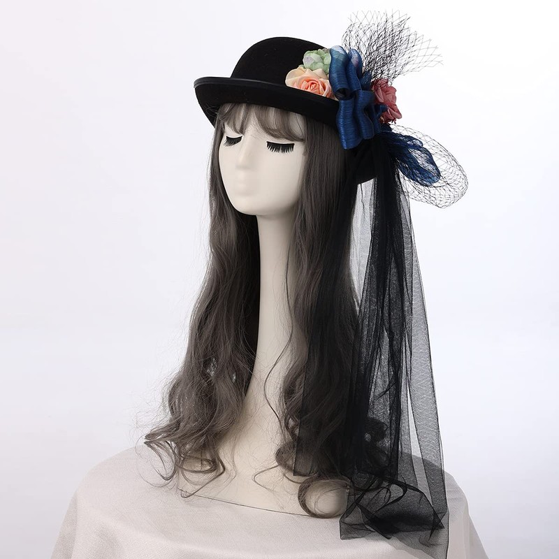 COSDREAMER Women Victorian Dome Hat Long Lace Rose Flower Black