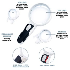 Handheld Magnifying Glass with Bright LED Lights and 5X Illuminated 2 LEDs Ideal for Seniors Maps Ocular Degeneration Jewelry Watch & Computer Repair Detachable Lens