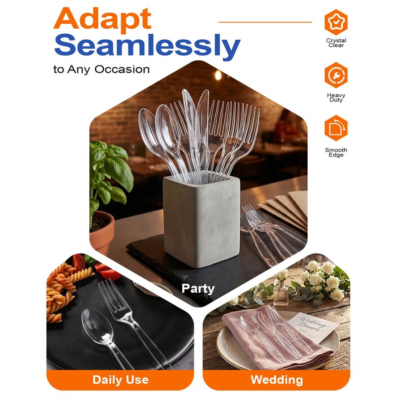 300 Count Heavy Duty Plastic Silverware, Heat Resistant Disposable Forks