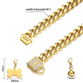 RUMYPET Gold Chain Dog Collar Walking Trainning Chain Collar with CZ Lock ID Tag and Bell Chew Proof 11MM/15MM/19MM Stainless Steel Cuban Link Chain for Small Medium Large Dogs (15mm, 16inch)