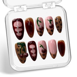 Handmade Press on Nails Brown French Medium Almond Fake Nails with Cherry Rhinestone Design Spring Summer False Nails Luxury Gradient Stick on Nails Muti-Layer Gel Acrylic Nails for Women (Size S)