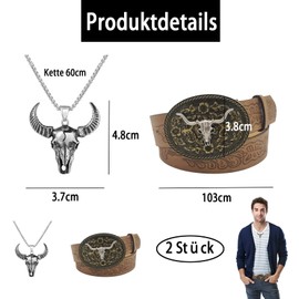 agogue Pack of 2 Cowboy Belts, Western Belts for Men, Equipped with a Bull Head Chains for Men, Cowboy Women's Longhorn Bull Flower Engraving, Men for Jeans Men's Belt Gifts, Multicolour