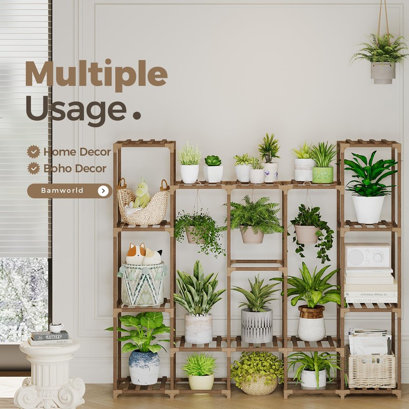 Bamworld Large Plant Stand Indoor Outdoor Hanging Shelf for Multiple
