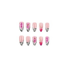 SINHOT Almond Press on Nails Medium - 3D Flower Fake Nails Glossy Glue on Nails Zebra Stripes Nails French Tip Stiletto Artificial Nails Stick on False Nails with Design DIY 24 pcs
