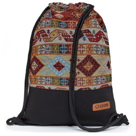 By Bers Leon Gym Bag with Inner Pockets in Black and White Backpack Bag Women Men & Teenagers Gym Bag Draw String, Tb_boho_black_008