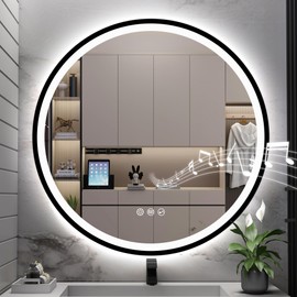 S·BAGNO 32’’ Round Led Bathroom Mirror with Lights, Bathroom Vanity Wall Mirror with Buletooth, Anti-Fog, Stepless Dimmable, 3 Colors, Tempered Glass Lighted Makeup Mirror for Bathroom